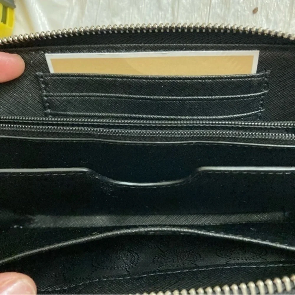 Michael Kira black saffiano leather wristlet clutch zipper wallet micro studs